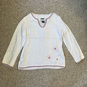 Willi Smith Long Sleeve Linen Top Size L White Embroidered Flower Beach Boho